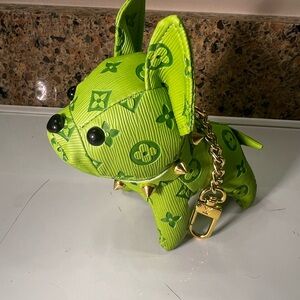 LV Rare Color Green and Gold Bull Dog Key Chain Purse Charm NWOT